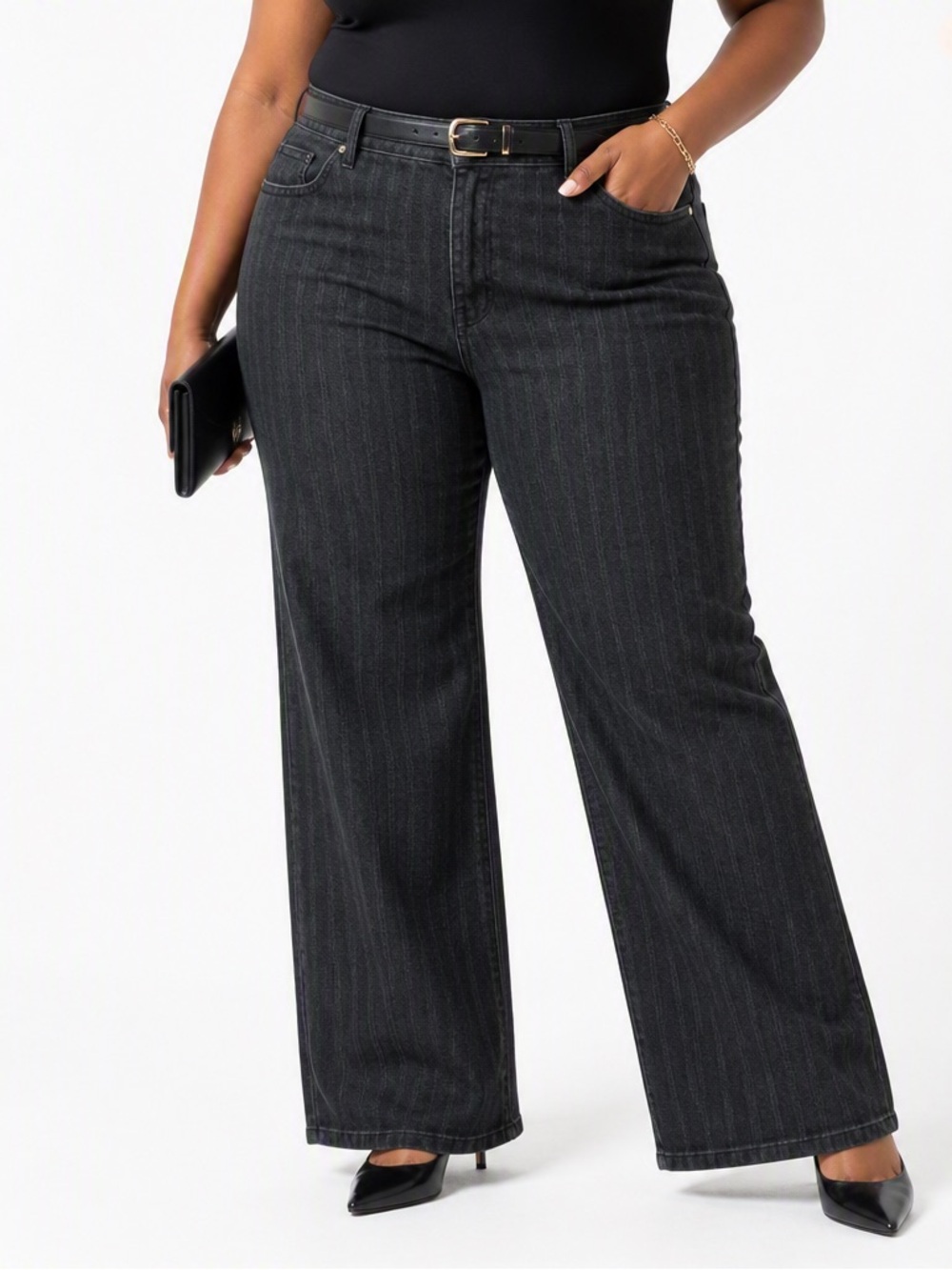 NYDJ Stripe Wide-Leg Trousers in Dark Gray